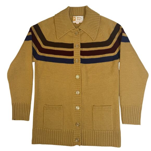 Vintage 70s White Stag Cardigan Sweater 36 Made in Hong Kong Tan Retro Knit - Picture 1 of 5